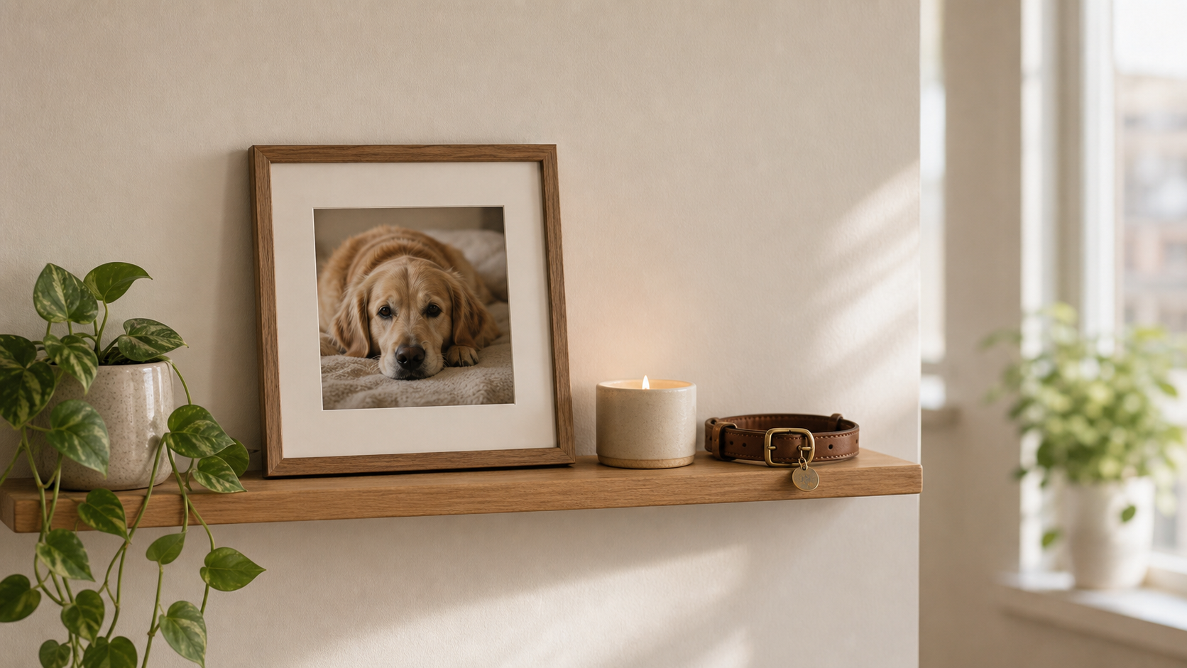 Compact memorial shelf with framed pet photo and candle