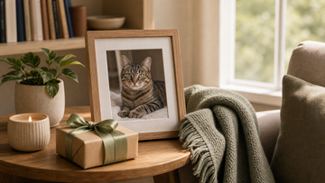 Framed cat photo beside a soft throw and wrapped gift