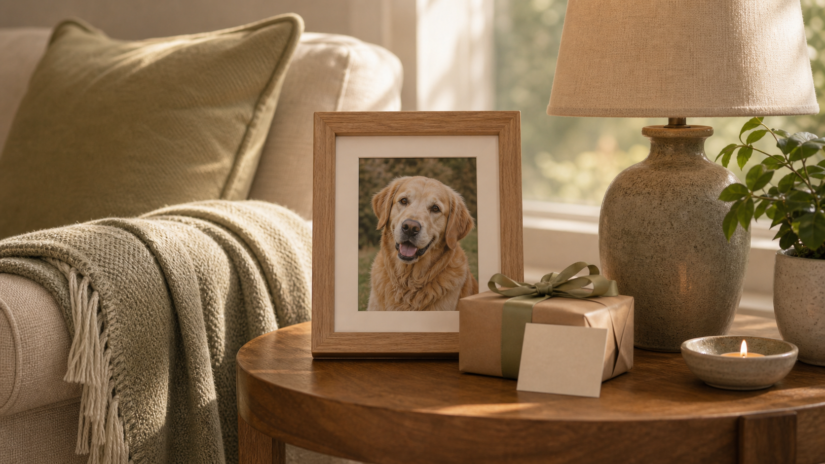 Framed dog photo beside a soft throw and wrapped gift