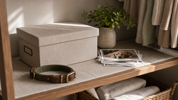Lidded keepsake box, pet collar, and photos arranged on a shelf