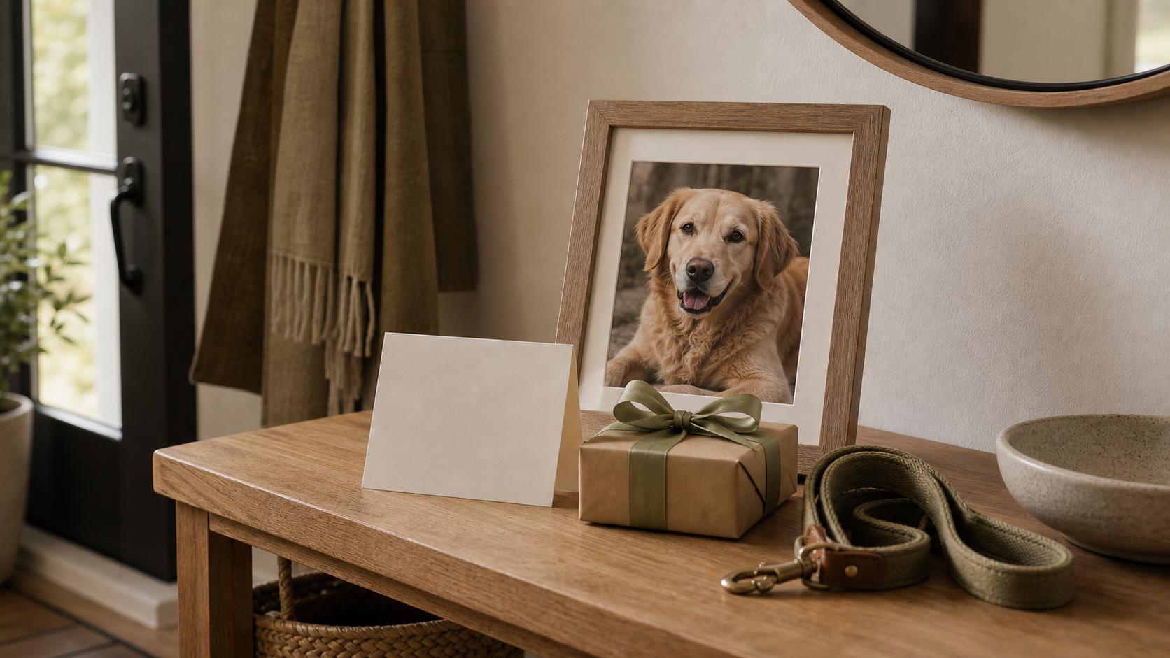 Sympathy card and framed dog photo on a table