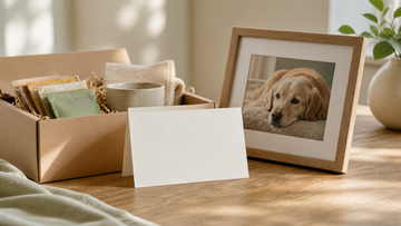 Care package items with card and framed pet photo
