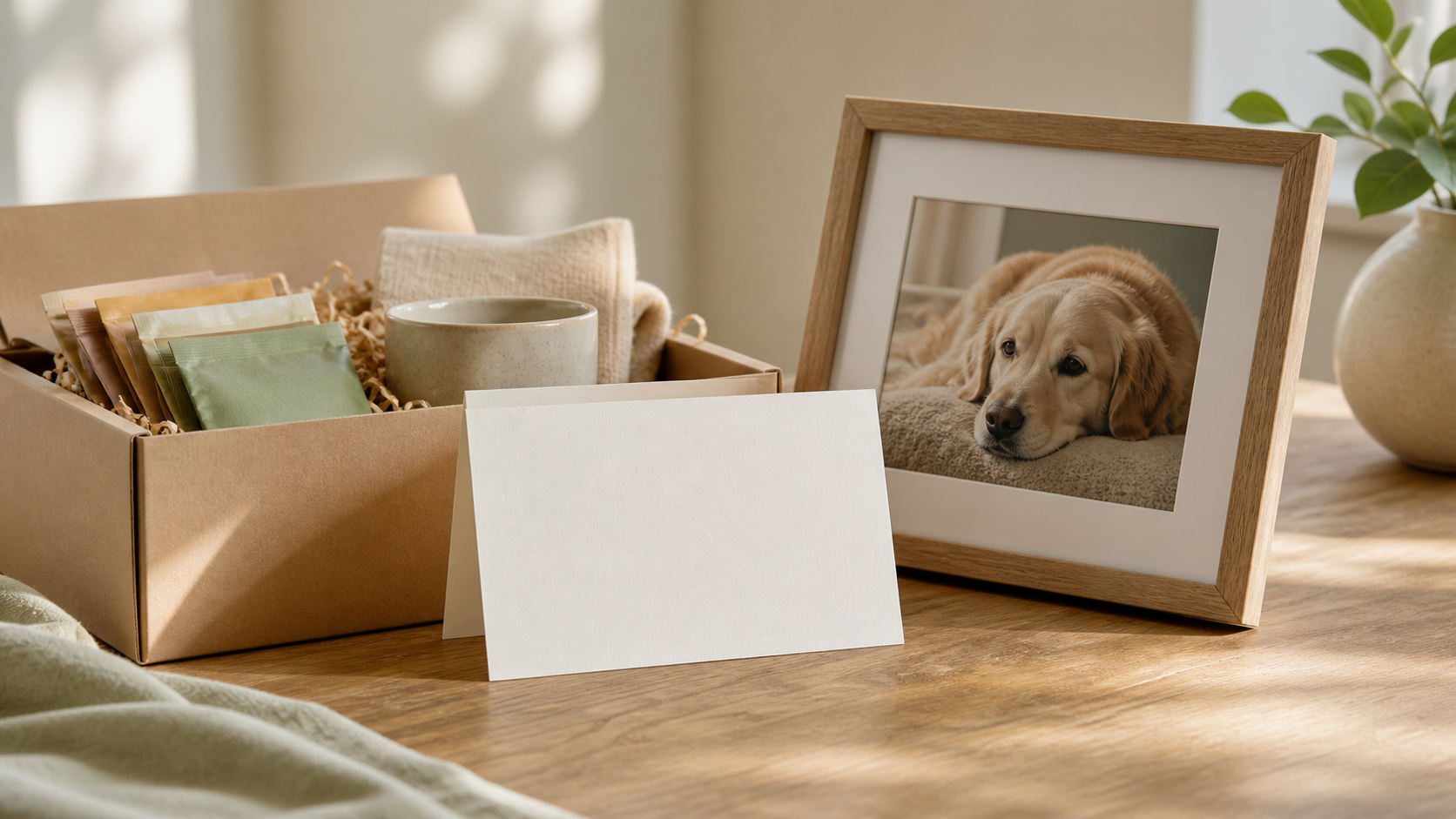 Care package items with card and framed pet photo
