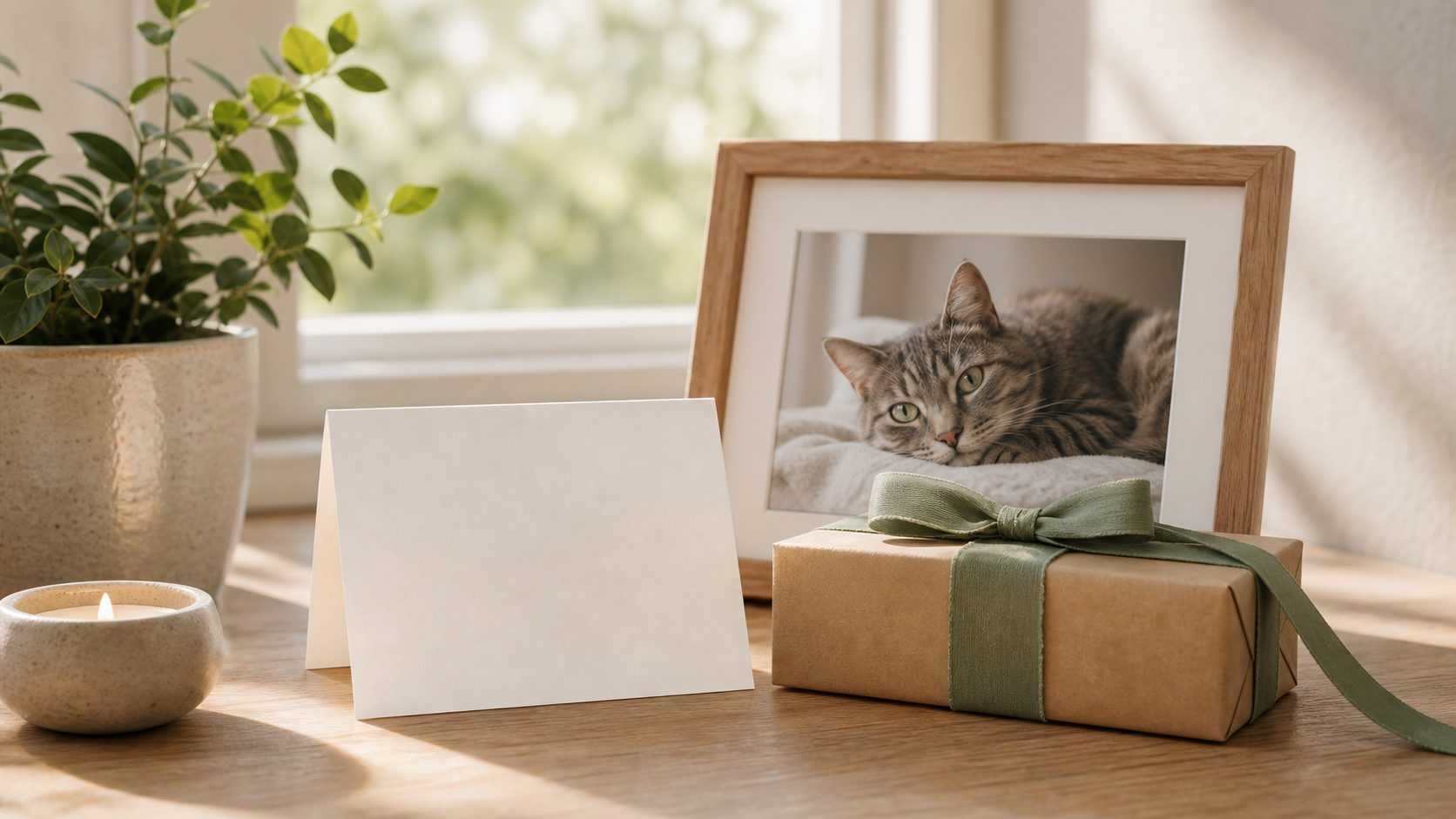Sympathy card and framed cat photo in soft daylight