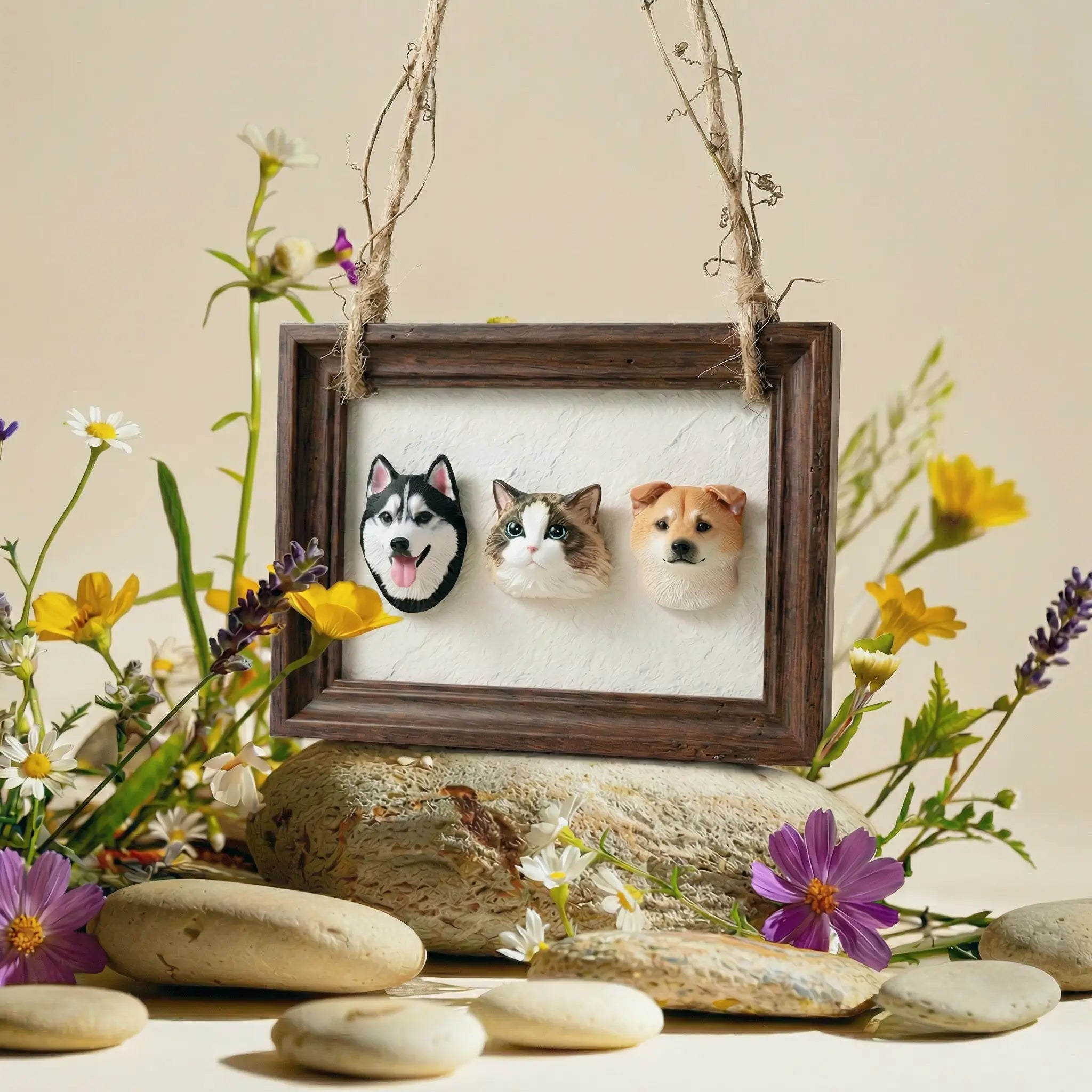 Handmade collection cover with framed pet portrait sculptures