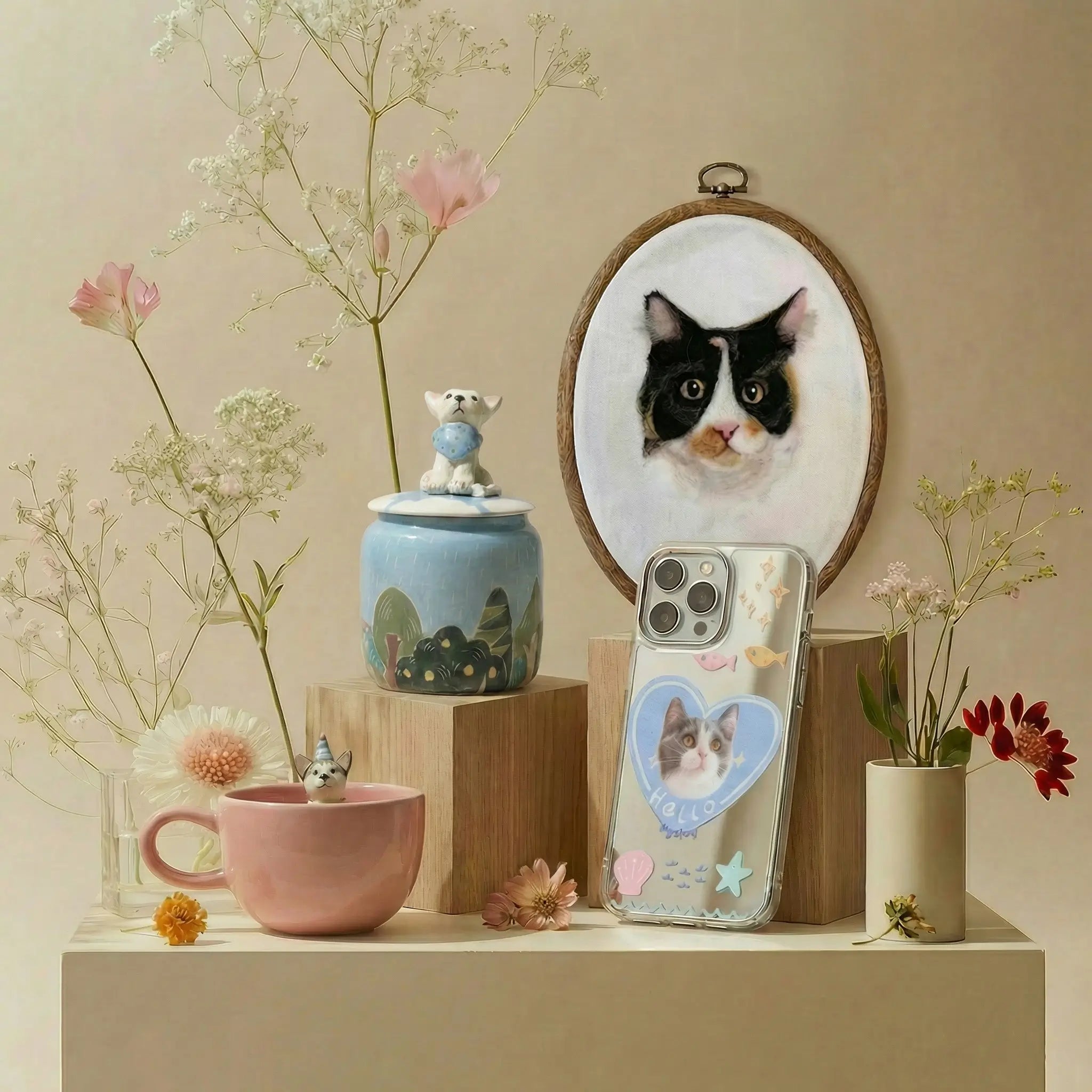 Frontpage collection cover with pet portrait, urn, mug, and phone case