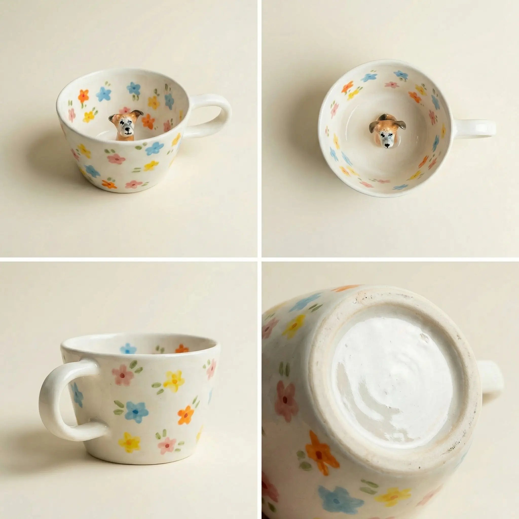 Four views of floral dog figurine mug