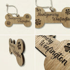 Detail views of engraved dog bone plaque
