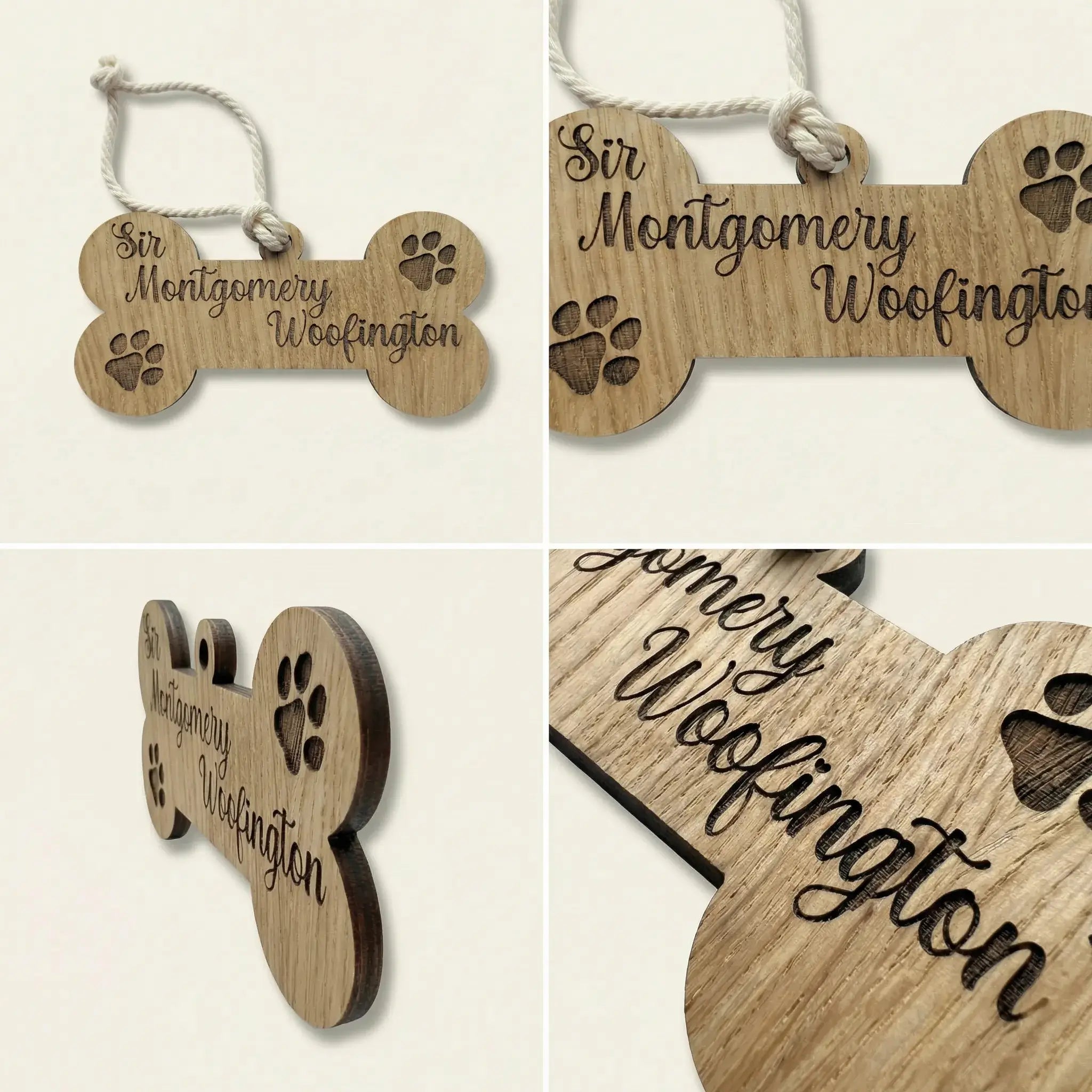 Detail views of engraved dog bone plaque