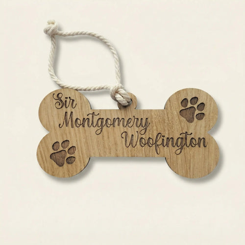 Wooden dog bone memorial plaque with engraved name
