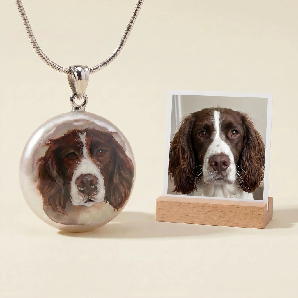 Dog portrait pendant displayed with pet photo