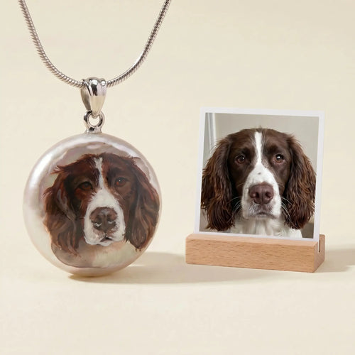 Dog portrait pendant displayed with pet photo