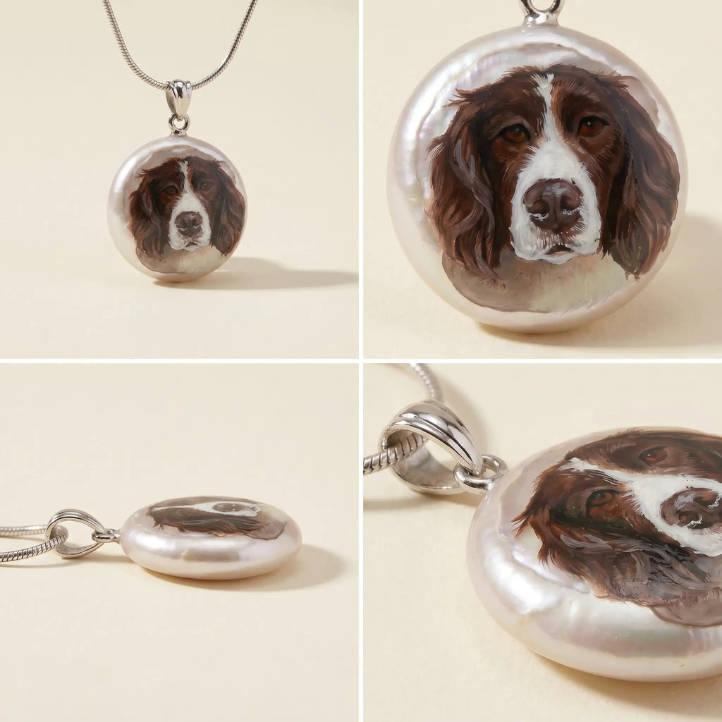Detail views of round dog portrait pendant