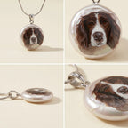 Detail views of round dog portrait pendant