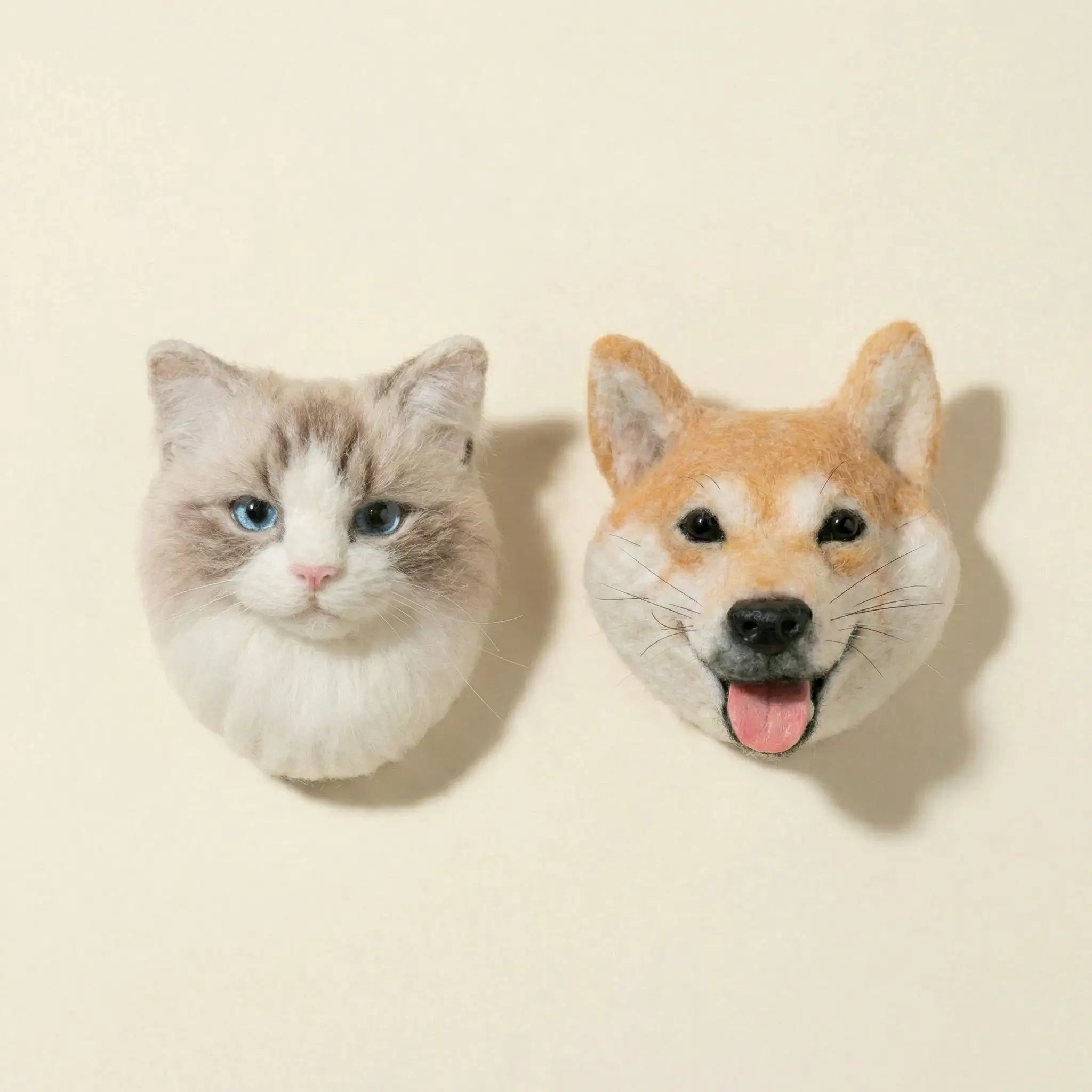 Cat and dog needle felt portrait brooches