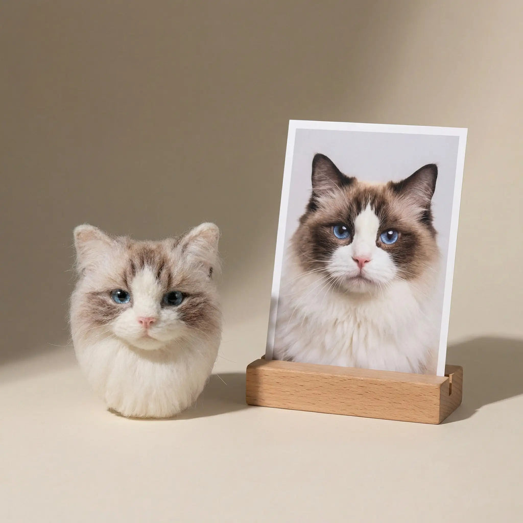 Needle felt cat brooch beside pet photo