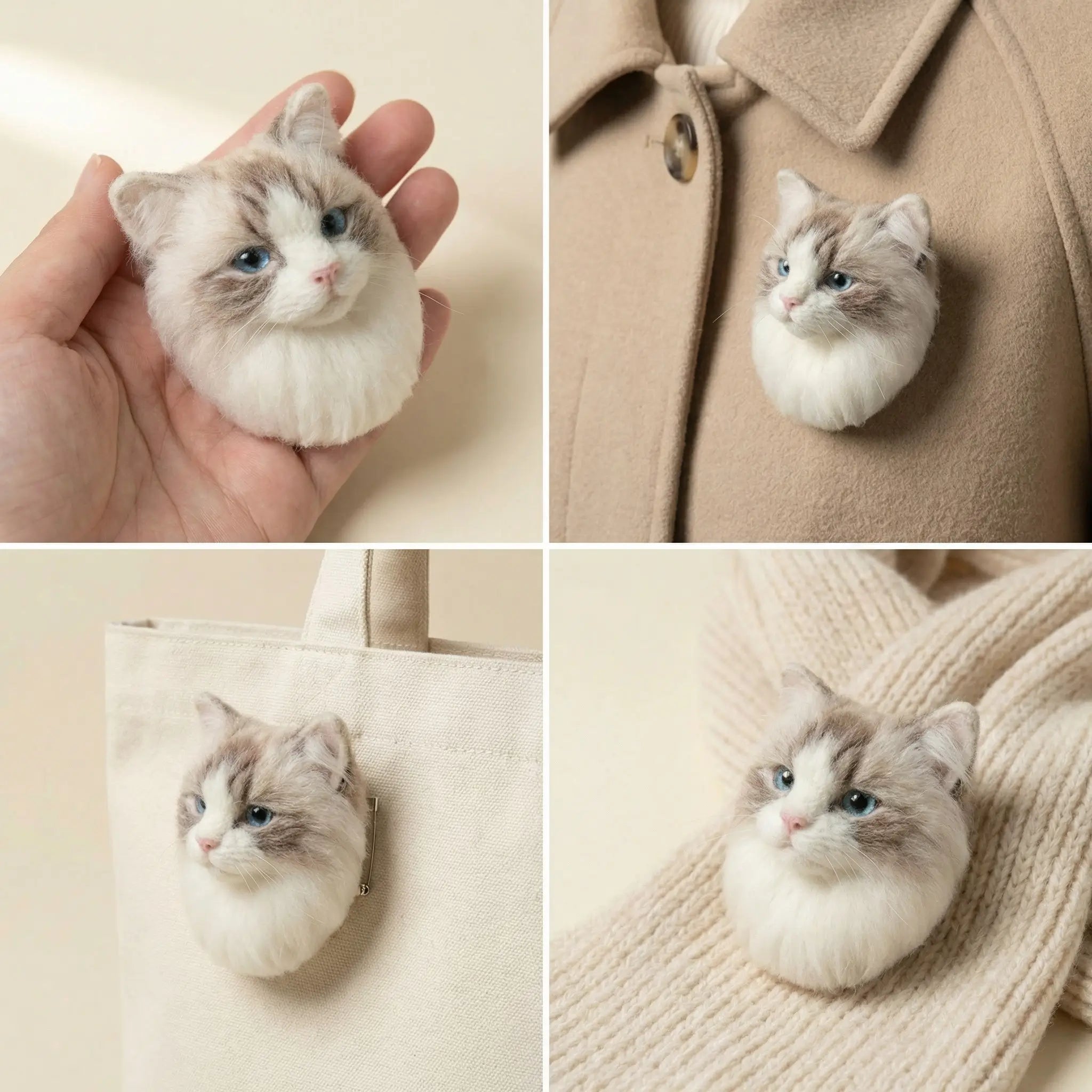 Needle felt cat brooch shown on clothing