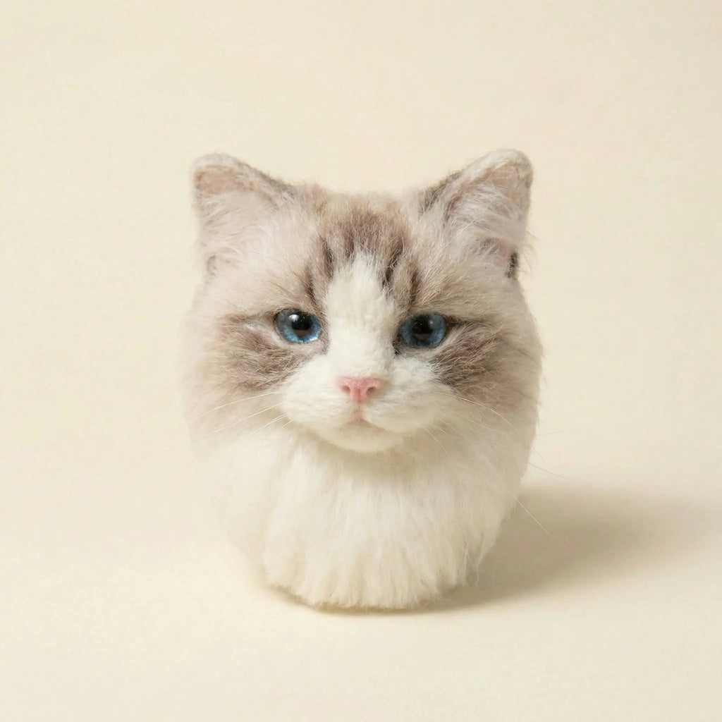 White cat needle felt portrait brooch