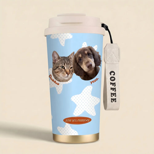 Custom pet coffee cup with cat and dog portraits