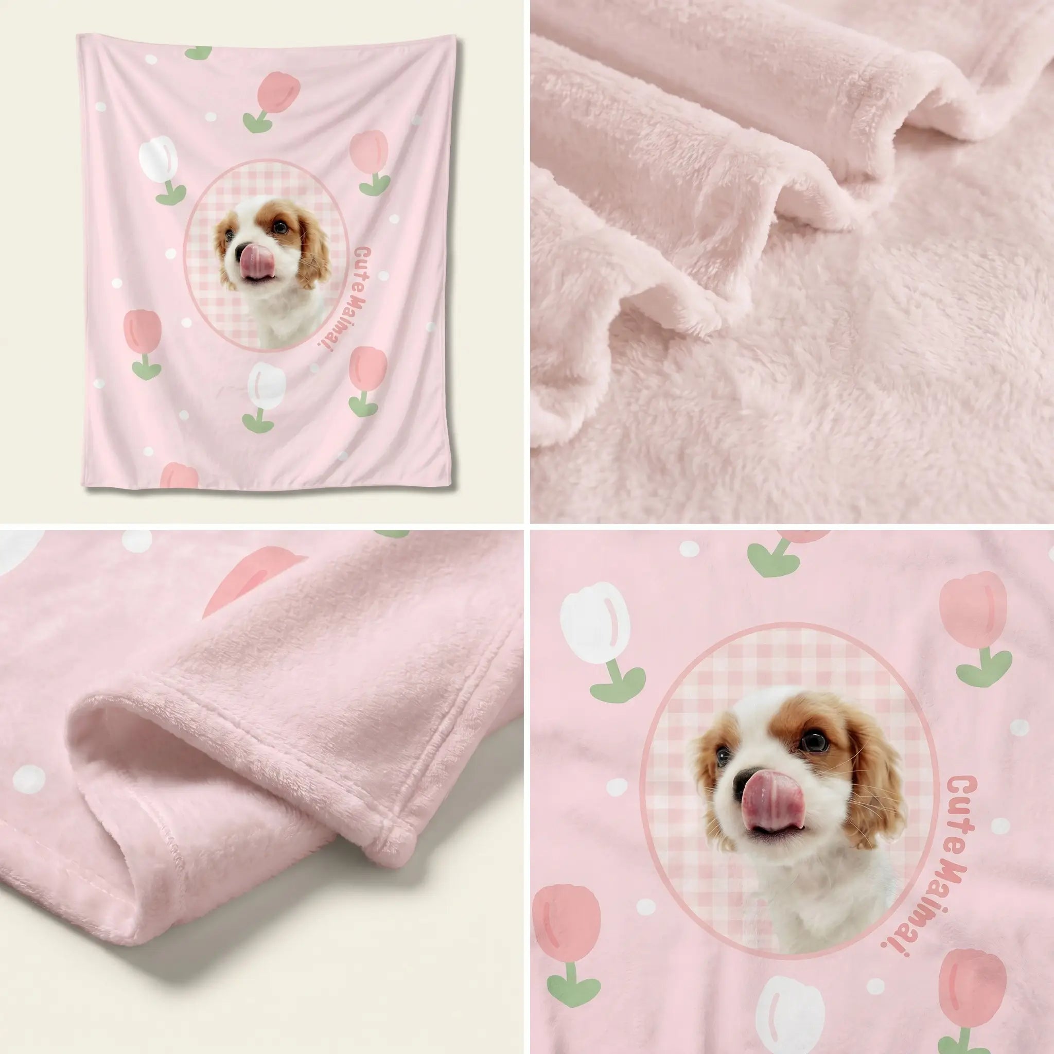 Detail views of pink dog flannel blanket