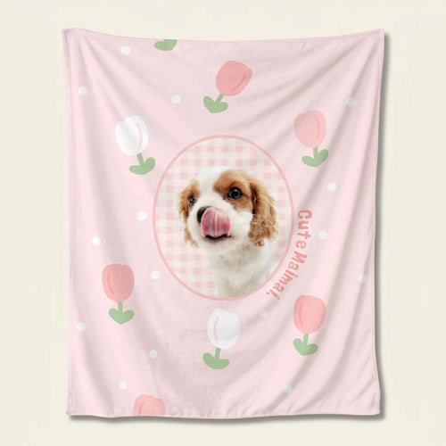 Pink custom dog flannel blanket with tulips
