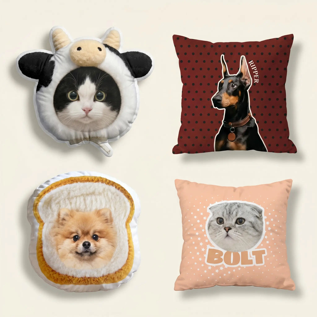 Assorted custom pet pillows in different shapes