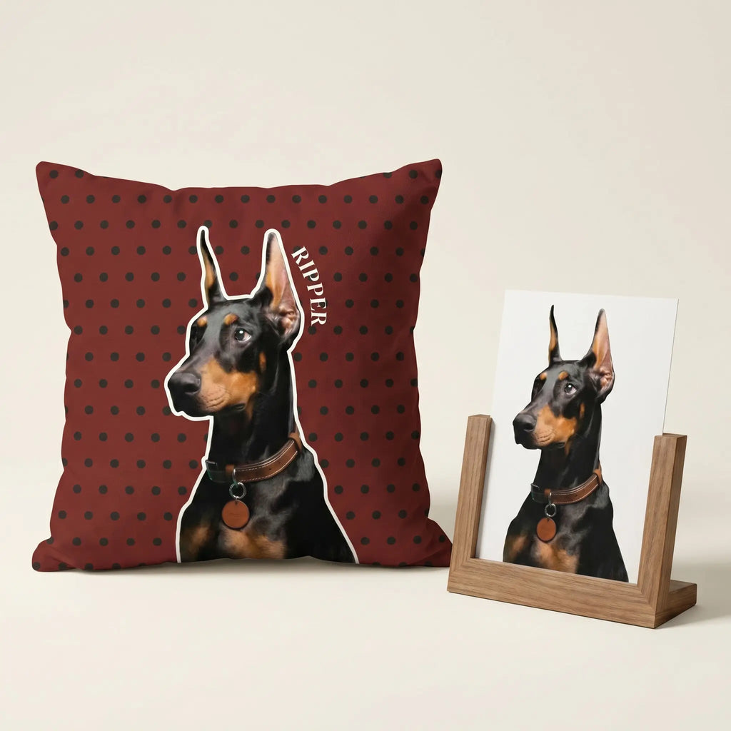 Dog portrait pillow displayed with pet photo