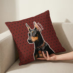 Hand holding custom dog portrait pillow