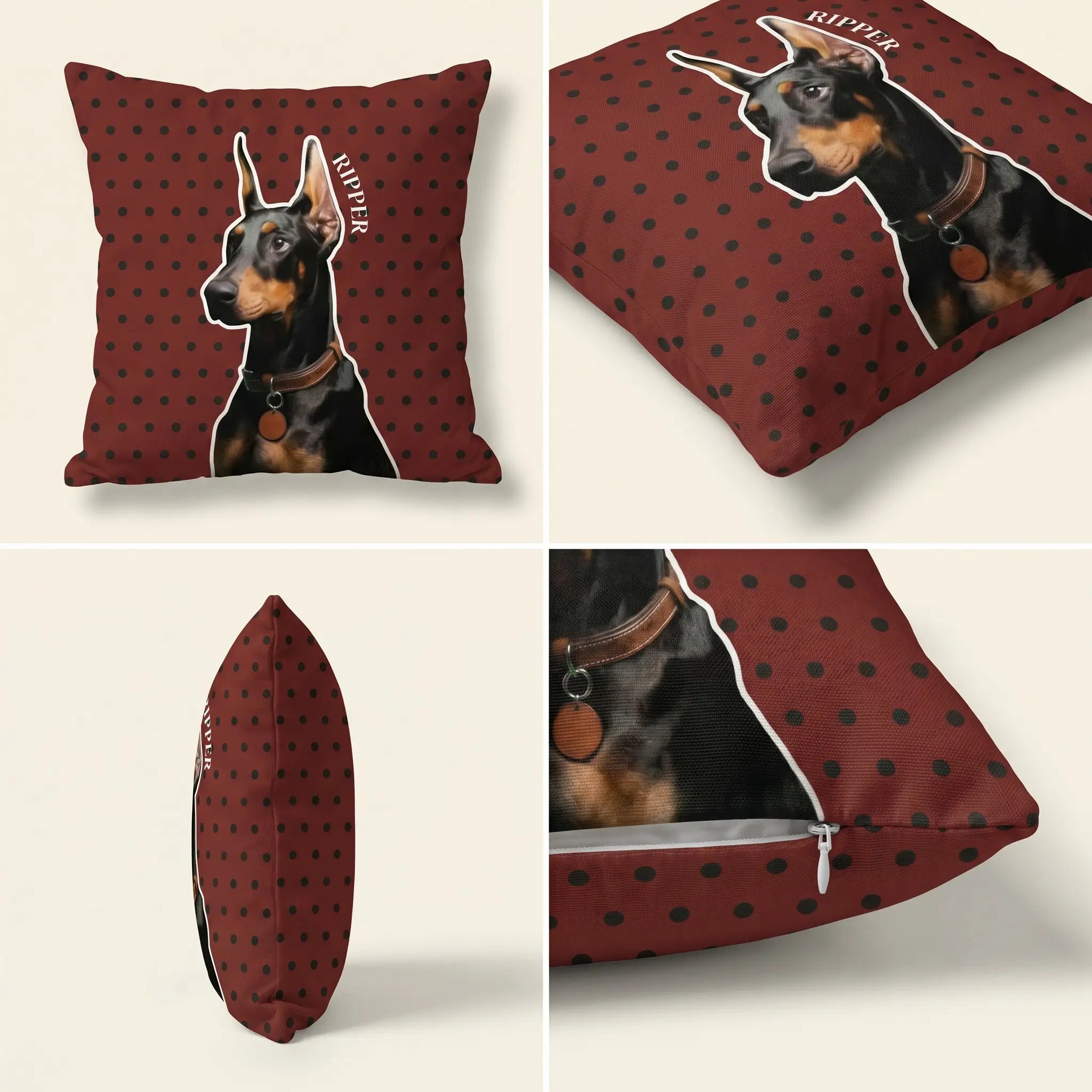 Detail views of custom dog portrait pillow