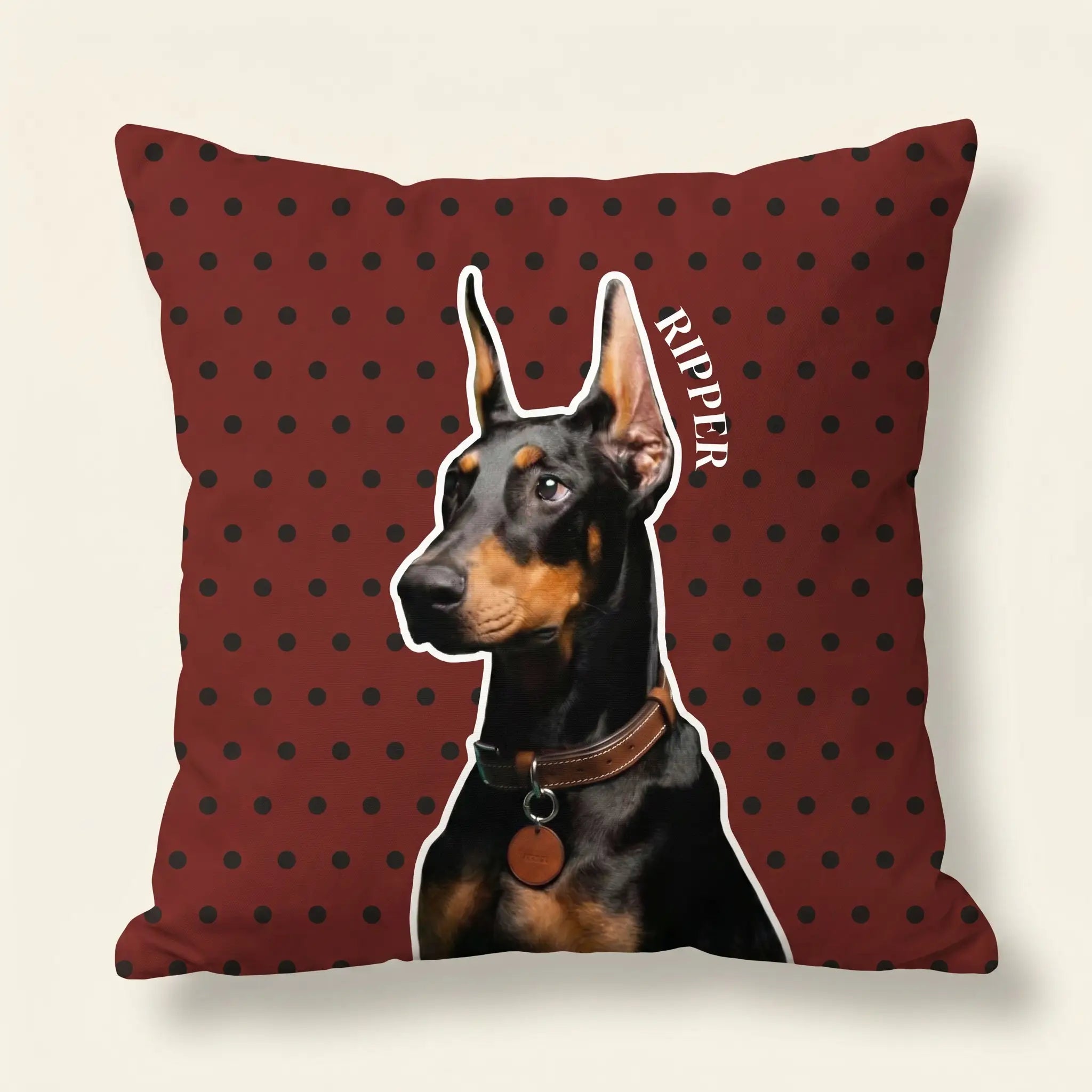 Custom dog portrait pillow on plain background