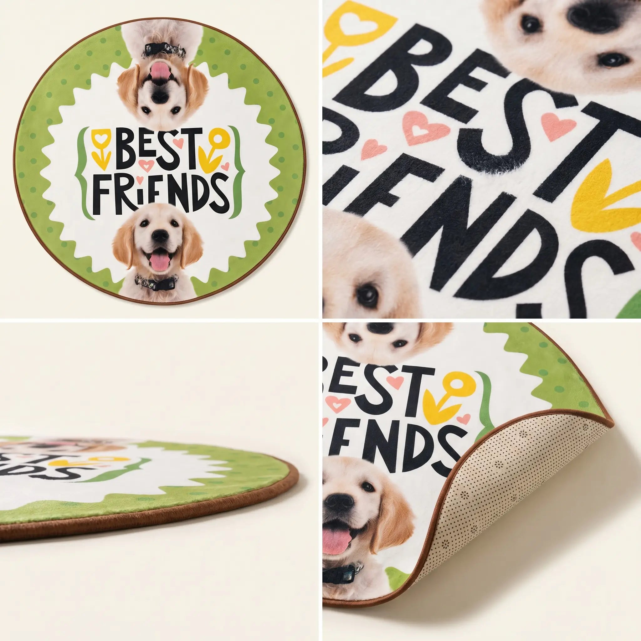 Detail views of round dog flannel rug