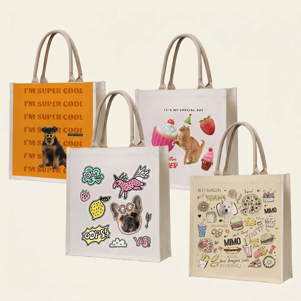 Assorted custom pet tote bags with artwork