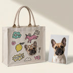 Custom pet tote bag displayed with dog photo