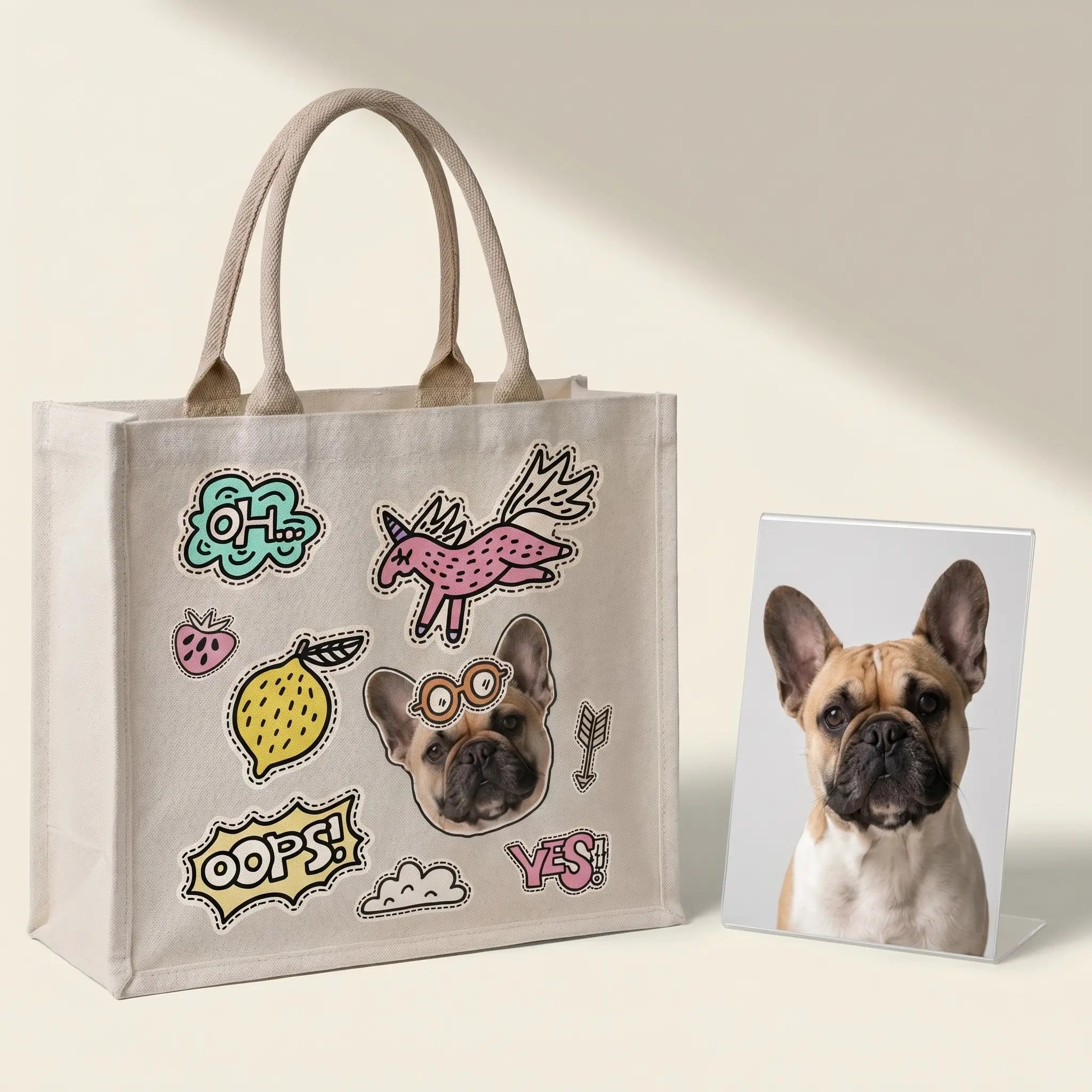 Custom pet tote bag displayed with dog photo