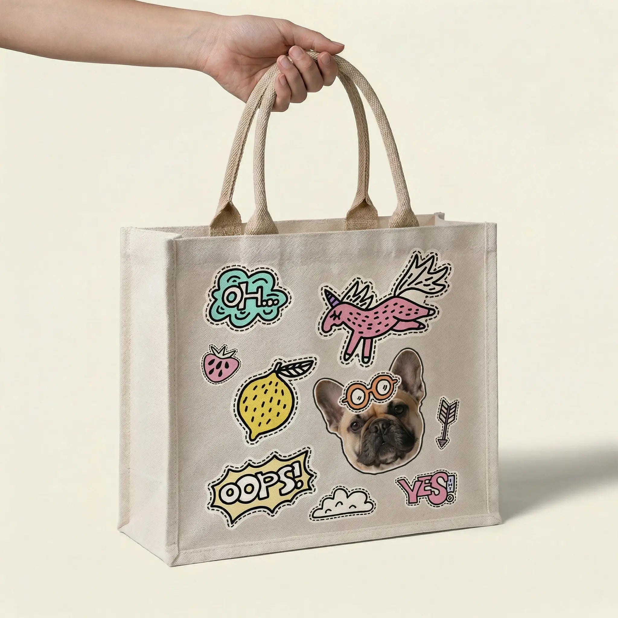 Hand holding custom pet tote bag