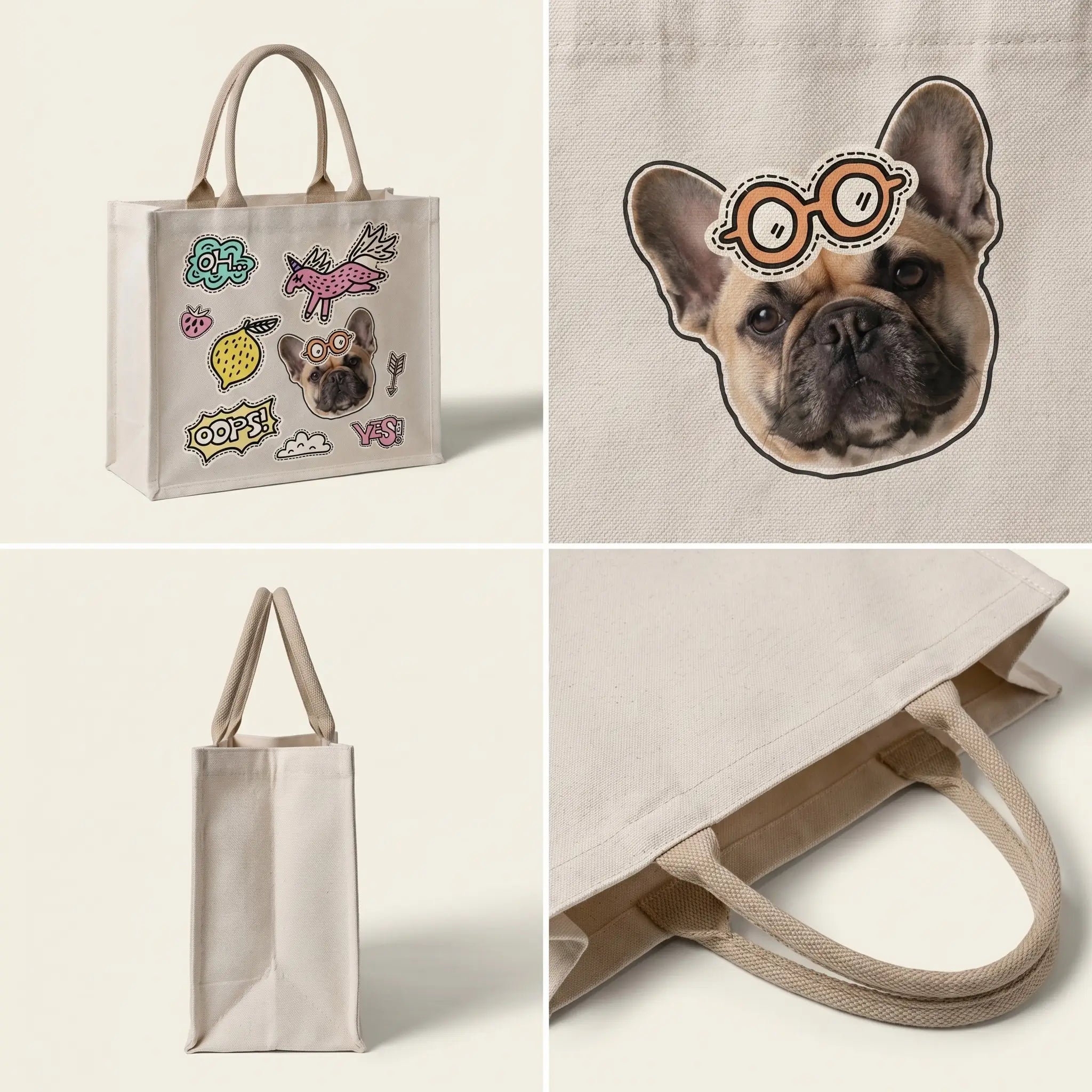 Detail views of custom pet tote bag