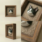 Detail views of framed plaster cat sculpture