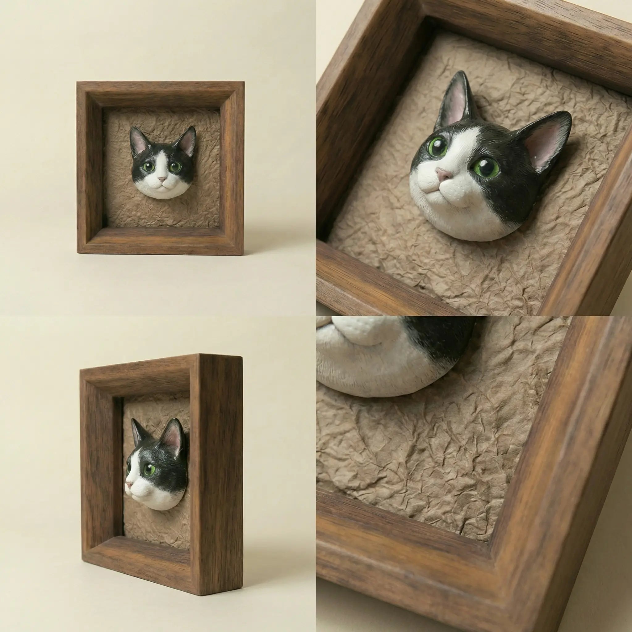 Detail views of framed plaster cat sculpture