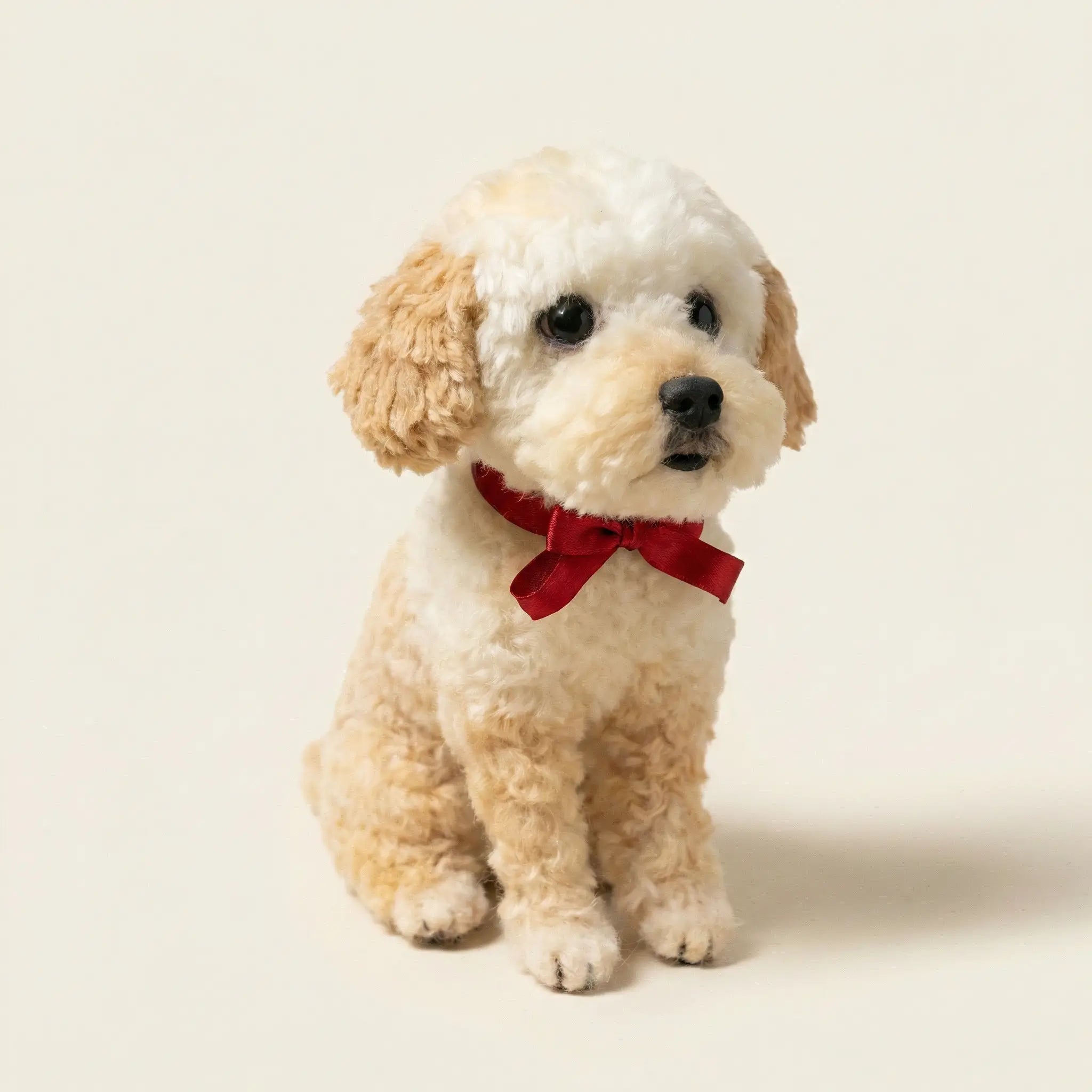 Realistic white dog clone sculpture with red bow
