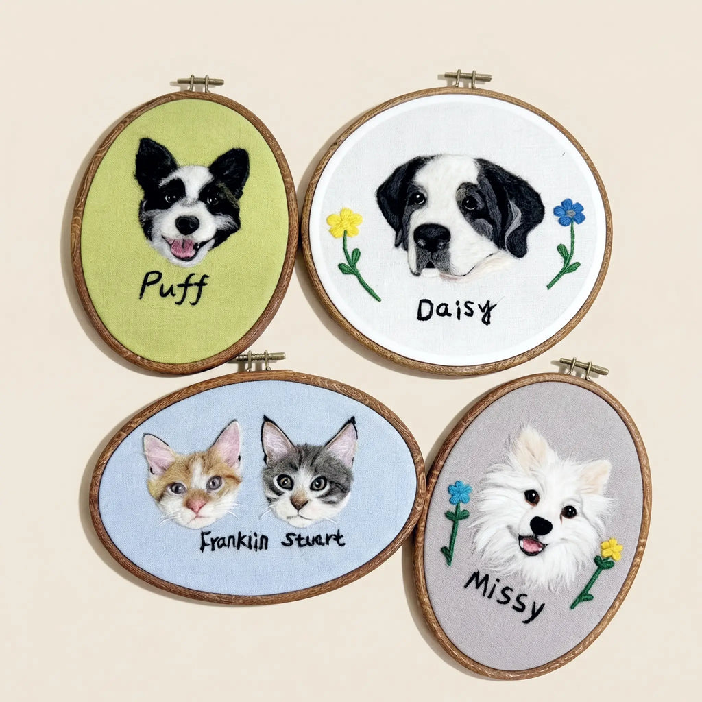 Assorted wool felt pet portraits in hoops
