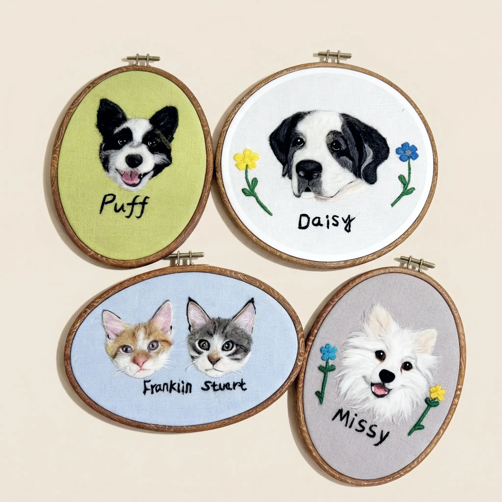 Assorted wool felt pet portraits in hoops