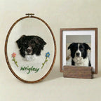 Wool felt dog portrait displayed with pet photo