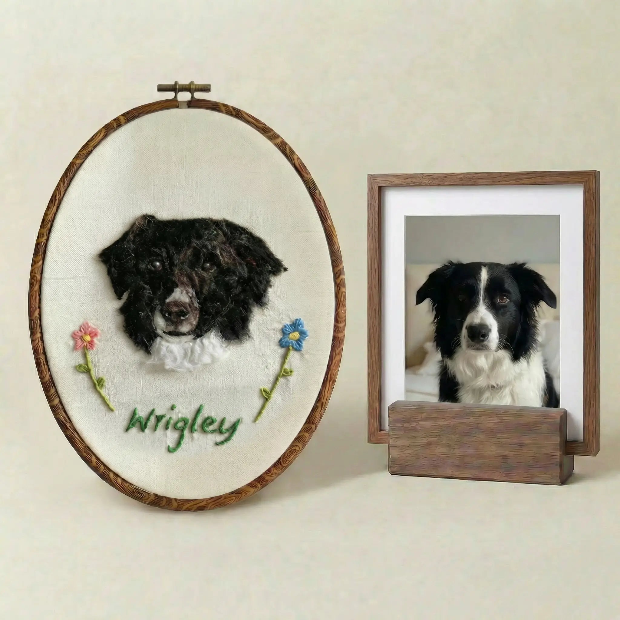 Wool felt dog portrait displayed with pet photo