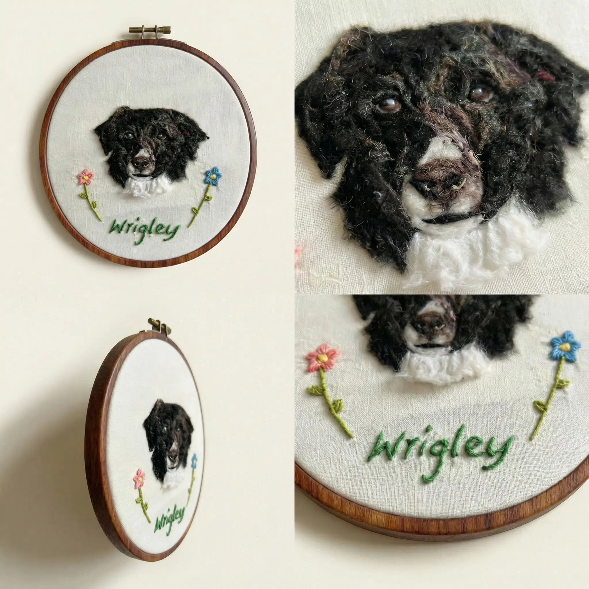 Detail views of wool felt dog portrait