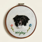 Black dog wool felt portrait in embroidery hoop