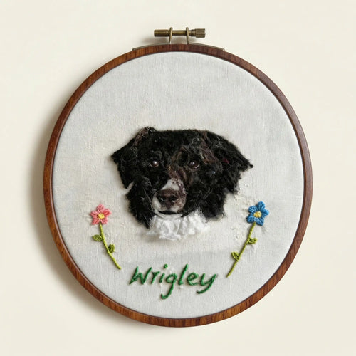 Black dog wool felt portrait in embroidery hoop