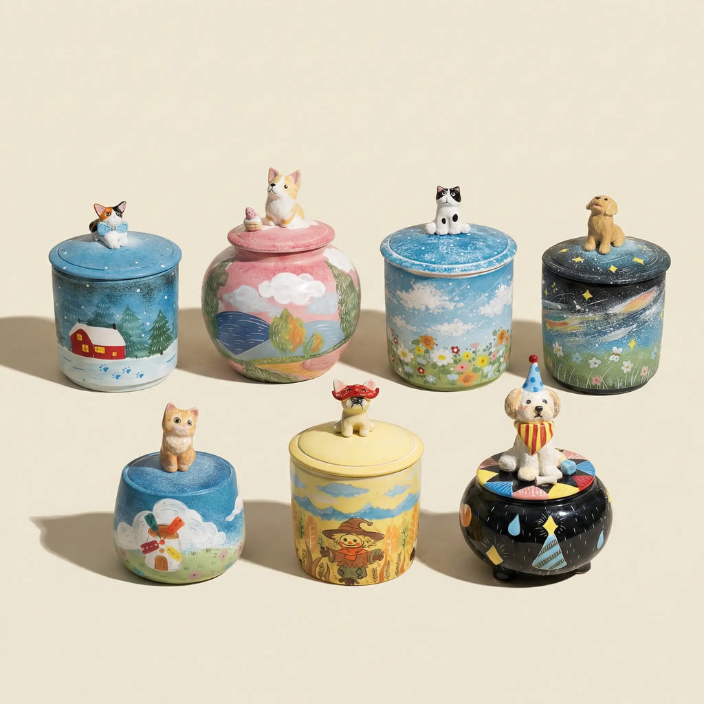Assorted handmade pet urns in different colors