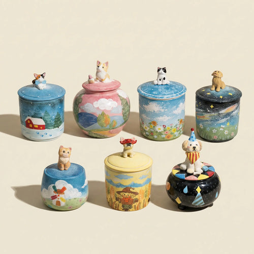Assorted handmade pet urns in different colors