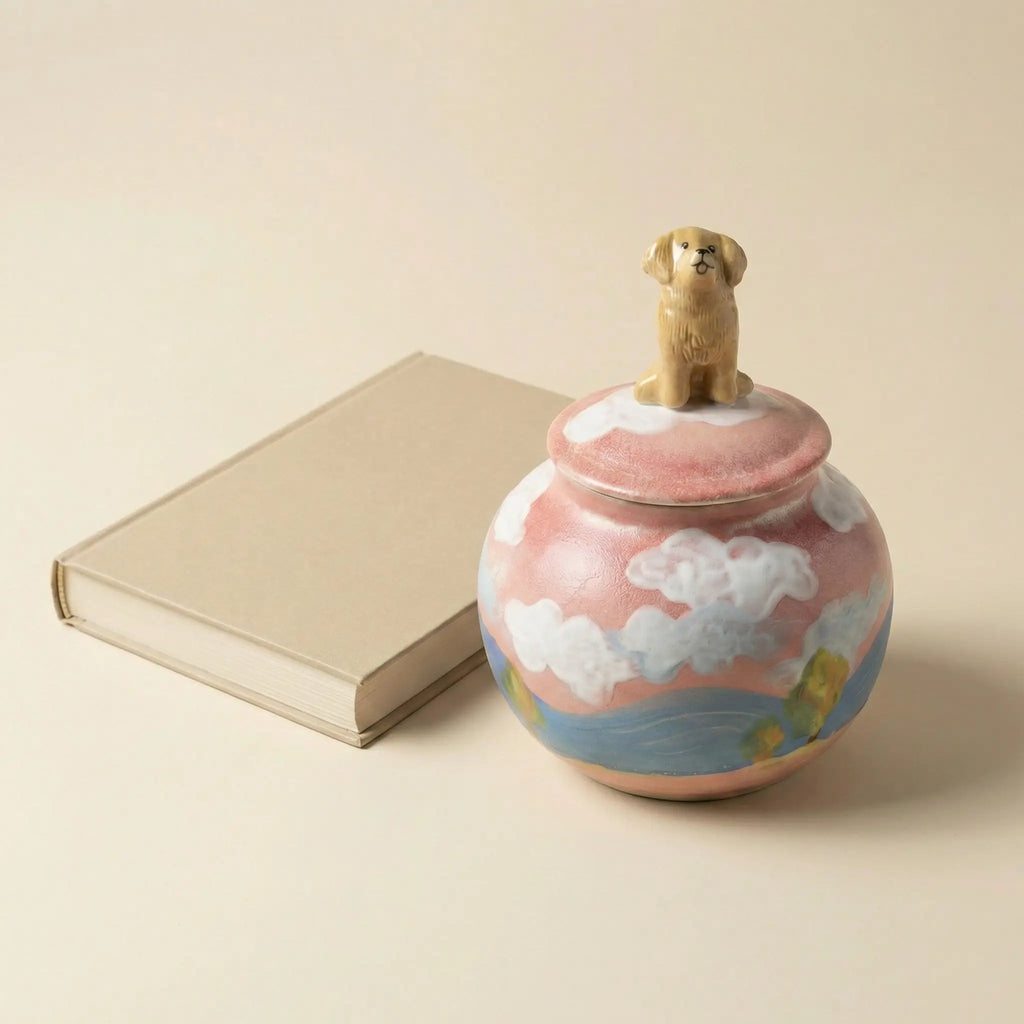 Pet urn displayed beside memorial book