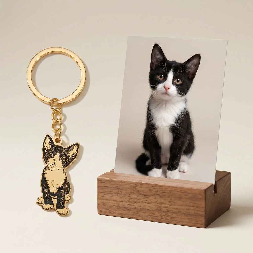 Full body cat keychain displayed with pet photo
